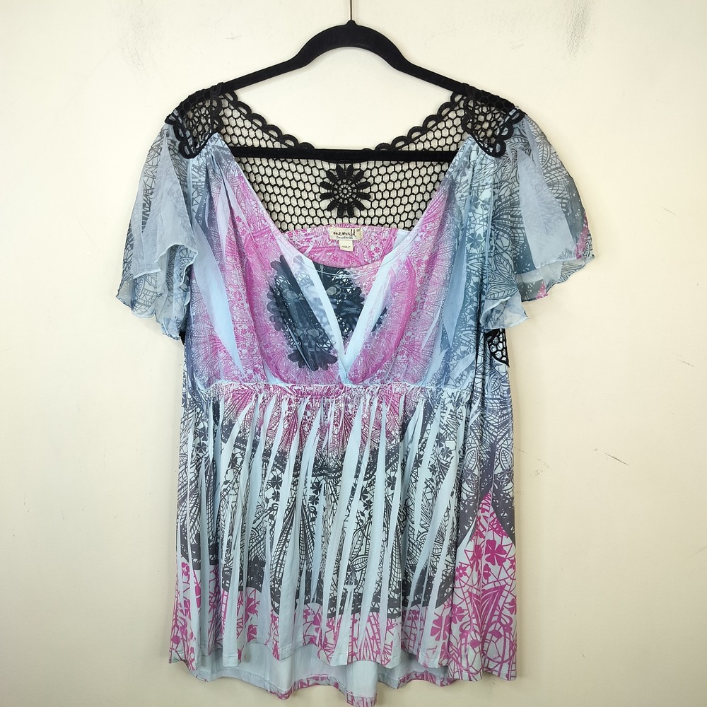 One World Mixed Burnout Print Top 1X Crochet Lace Back Boho Fairy
